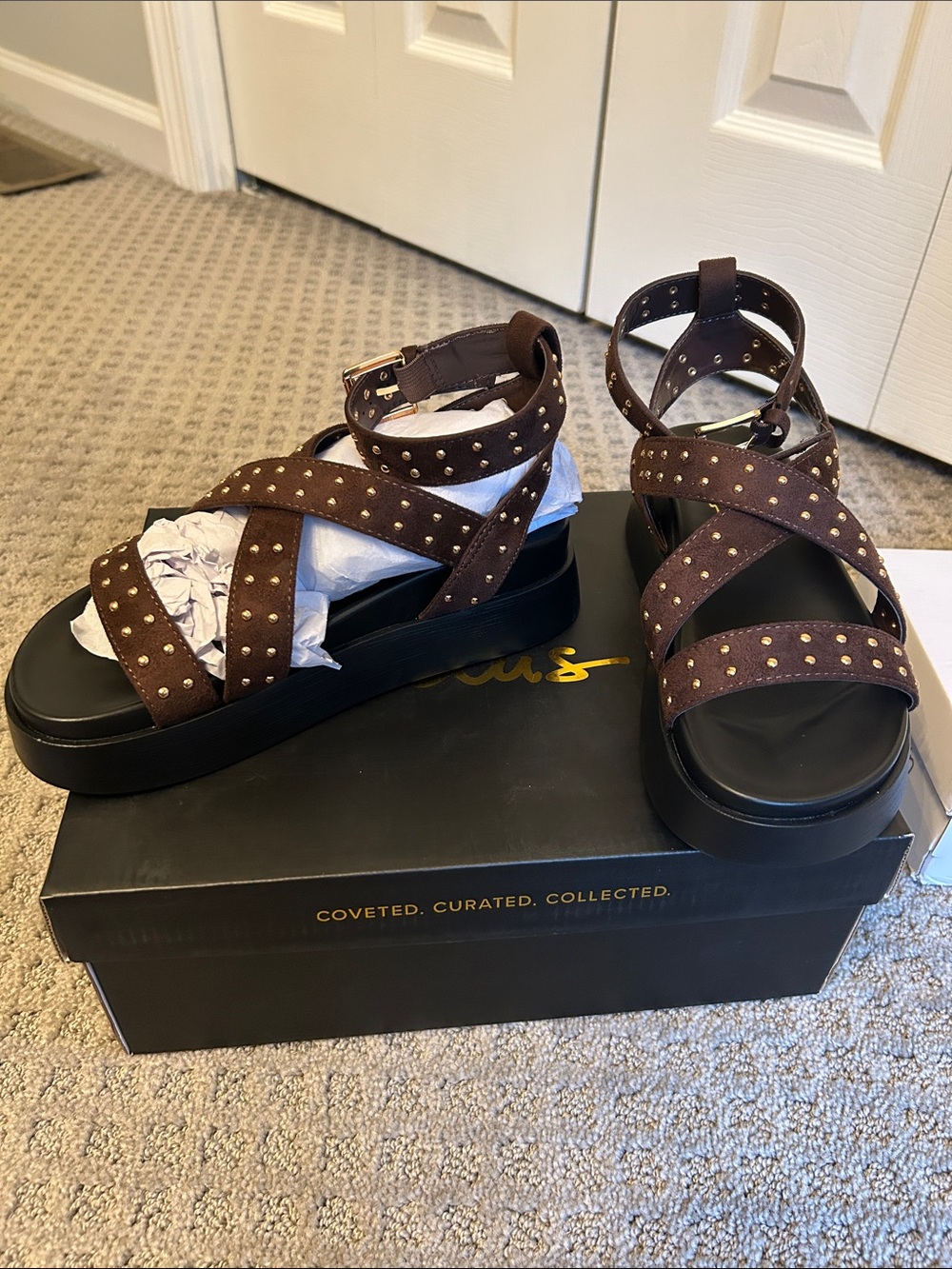 Lulu's Brown Studded Crisscross Platform Sandals